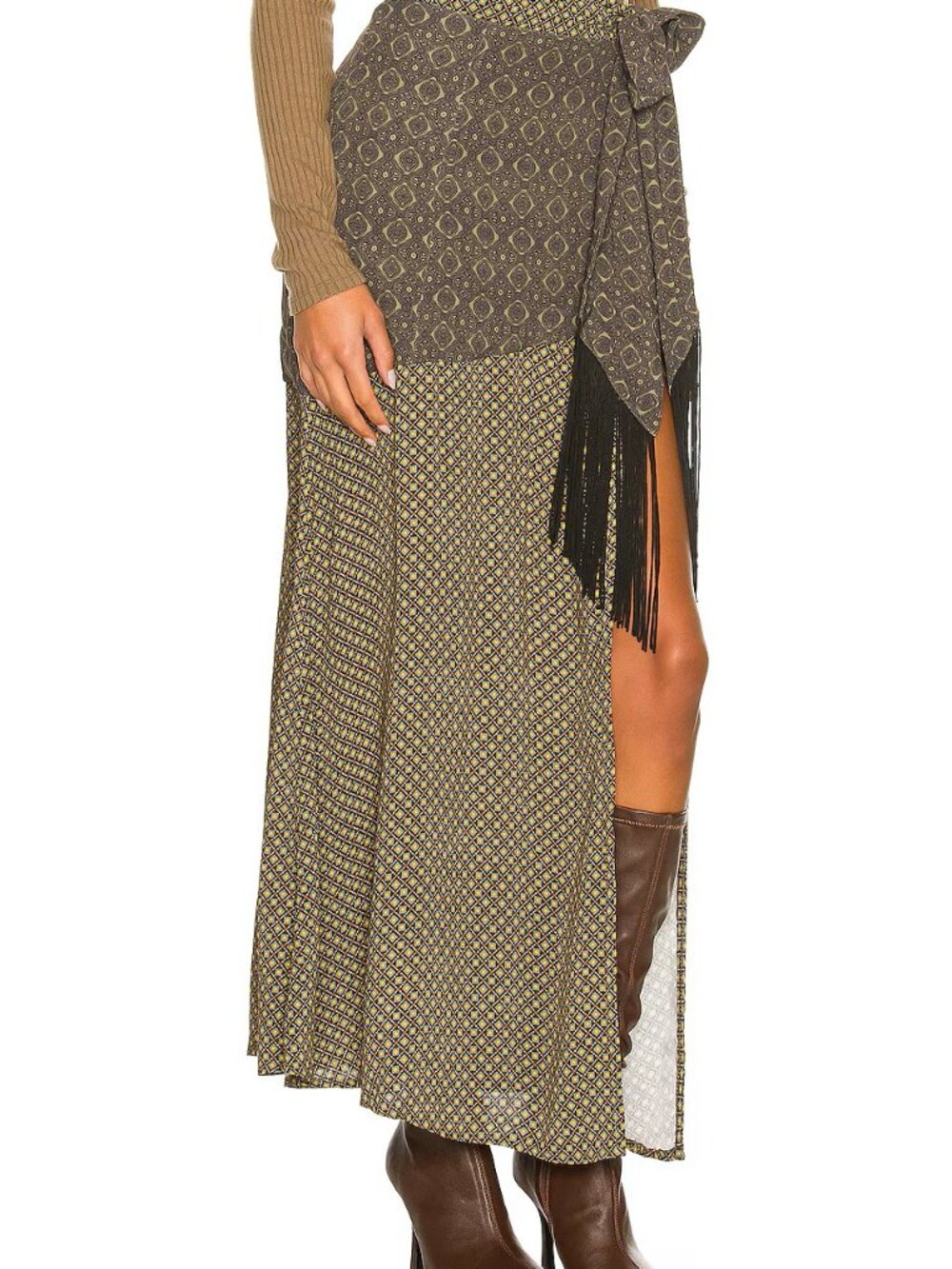 House of Harlow 1960 x Revolve Giorgia Skirt Geo Multi Sz Small Fringe Slit Boho